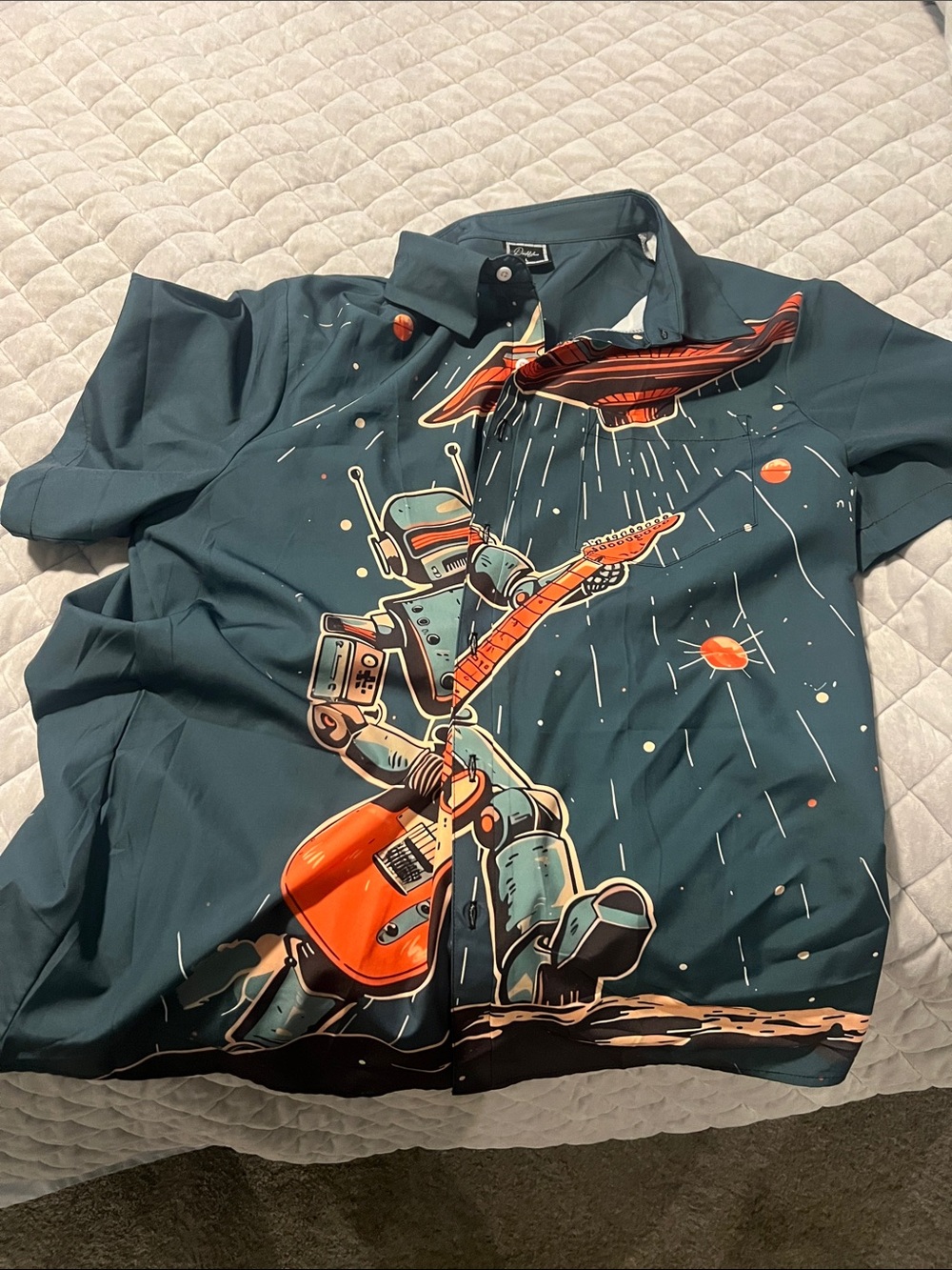 Men's Dark Teal Short-Sleeve Button-Down Shirt with Orange Robot Guitar Graphic